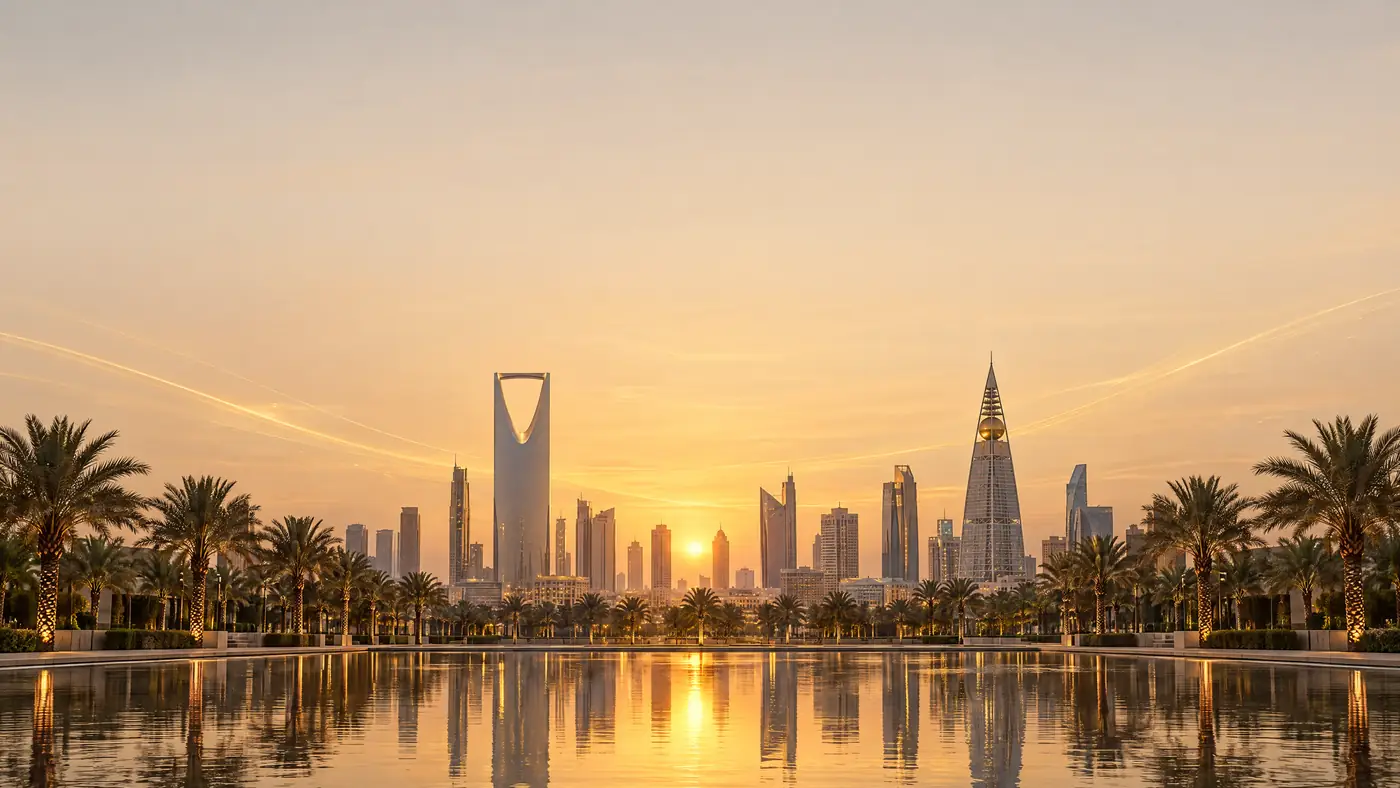 The Riyadh skyline at golden hour, with Kingdom Centre and Al Faisaliah reflected in still water