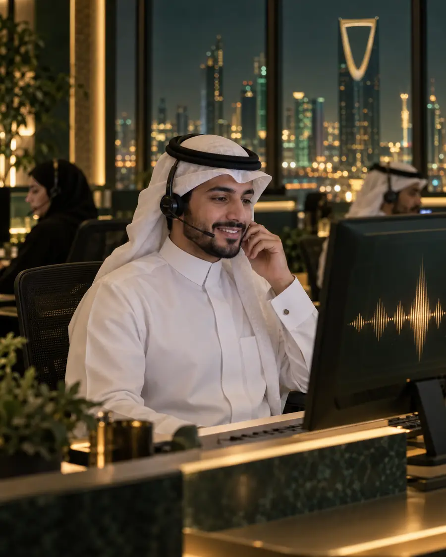 A Saudi agent in a thobe and ghutra smiles while speaking on a headset in a Riyadh contact center