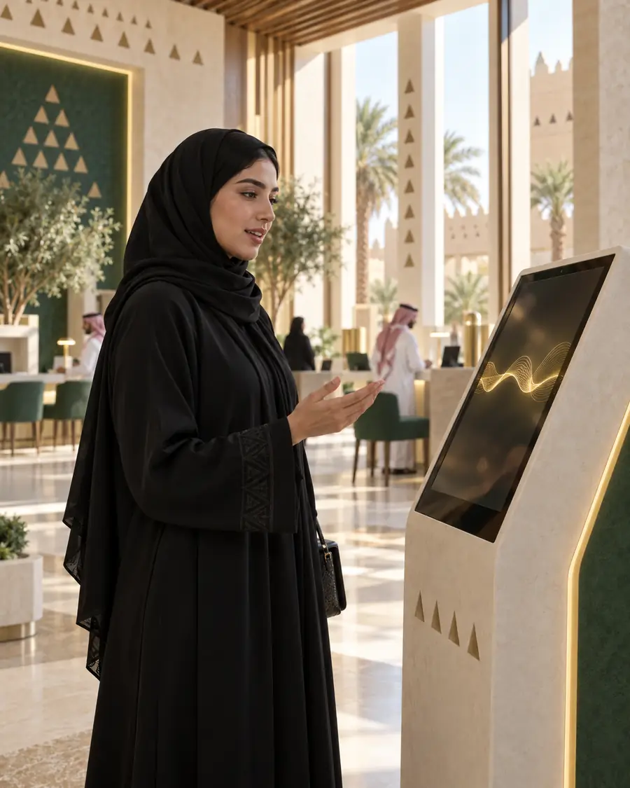 A Saudi woman in an abaya speaks with a touchscreen kiosk in a government service center